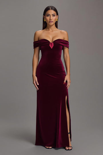 Off The Shoulder Burgundy Velvet Sheath Formal Dress with Slit